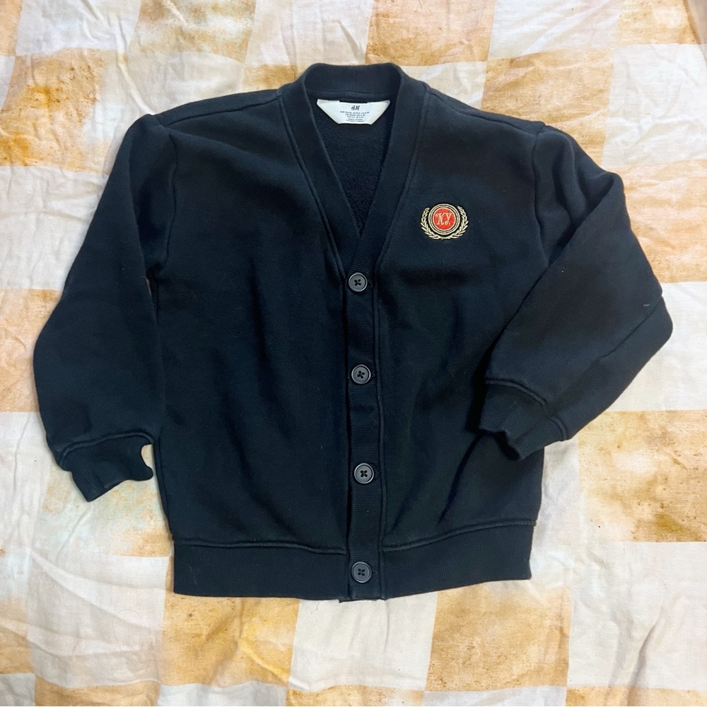 5T H&M Black Kids Button-Front Sweatshirt Cardigan with NY Red Crest Patch